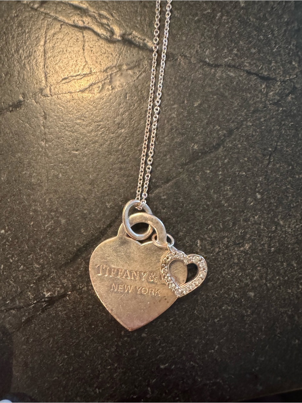 Tiffany & Co. Rare Silver New York Diamond Heart Double Charm Necklace